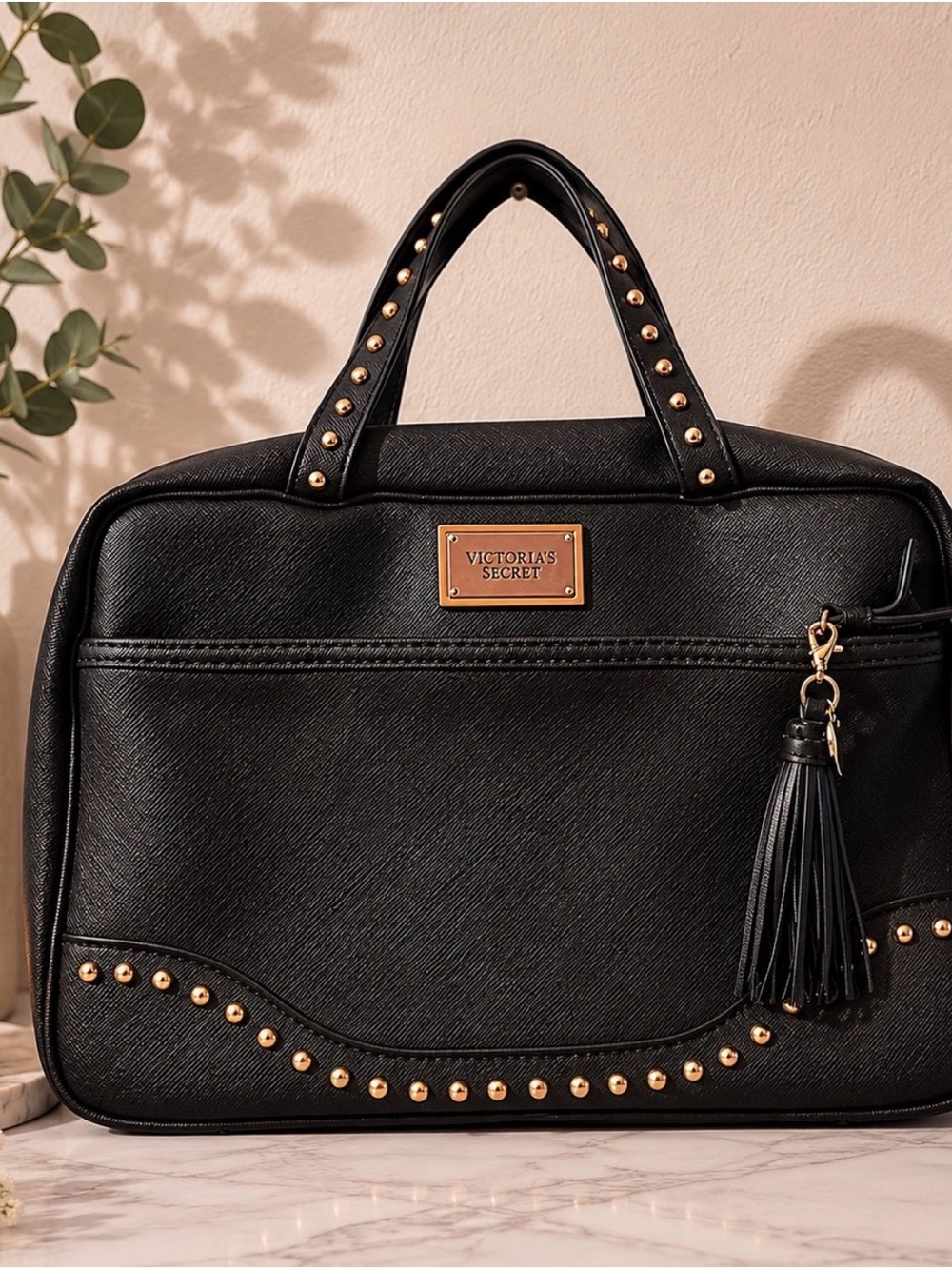 Victoria's Secret Black Makeup Tote with Gold Stud and Tassel Detail